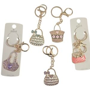 Mint Keychain Purse Charm Rhinestone Crystal Bow Pearl Pink Gold Tone